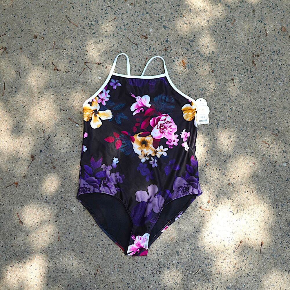 NWT Wonder Nation Girls One-Piece Swimsuit Black Floral Size XL 14-16 Plus